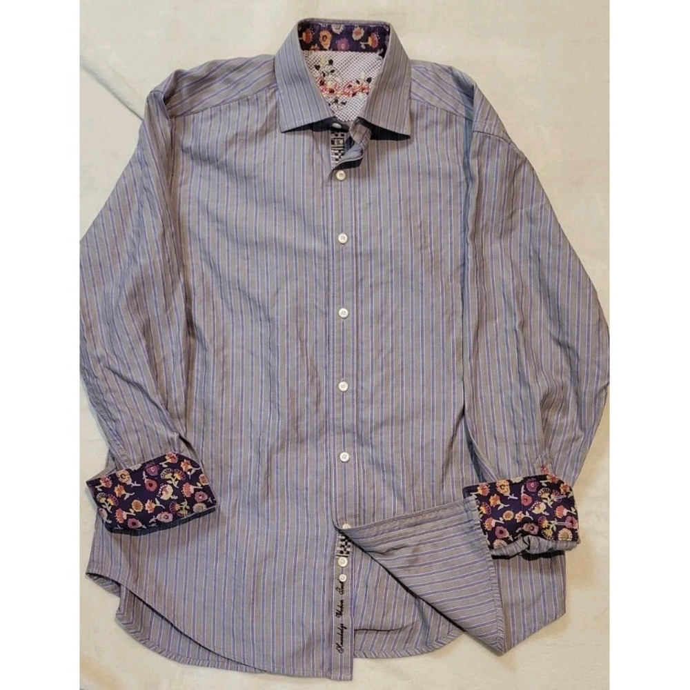 ROBERT GRAHAM MENS FLIP CUFF FLORAL PRINT PURPLE/GREEN LONG SLEEVE SIZE LARGE - Picture 2 of 9